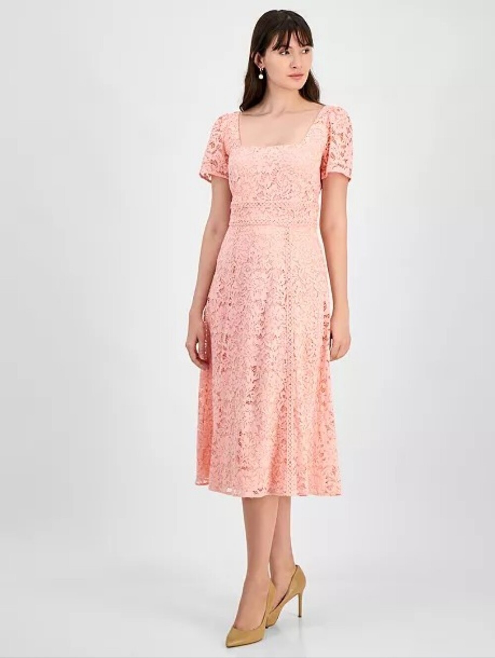 Anne Klein Peach Lace Midi Dress Size 14 | Romantic Square Neck | NWOT
